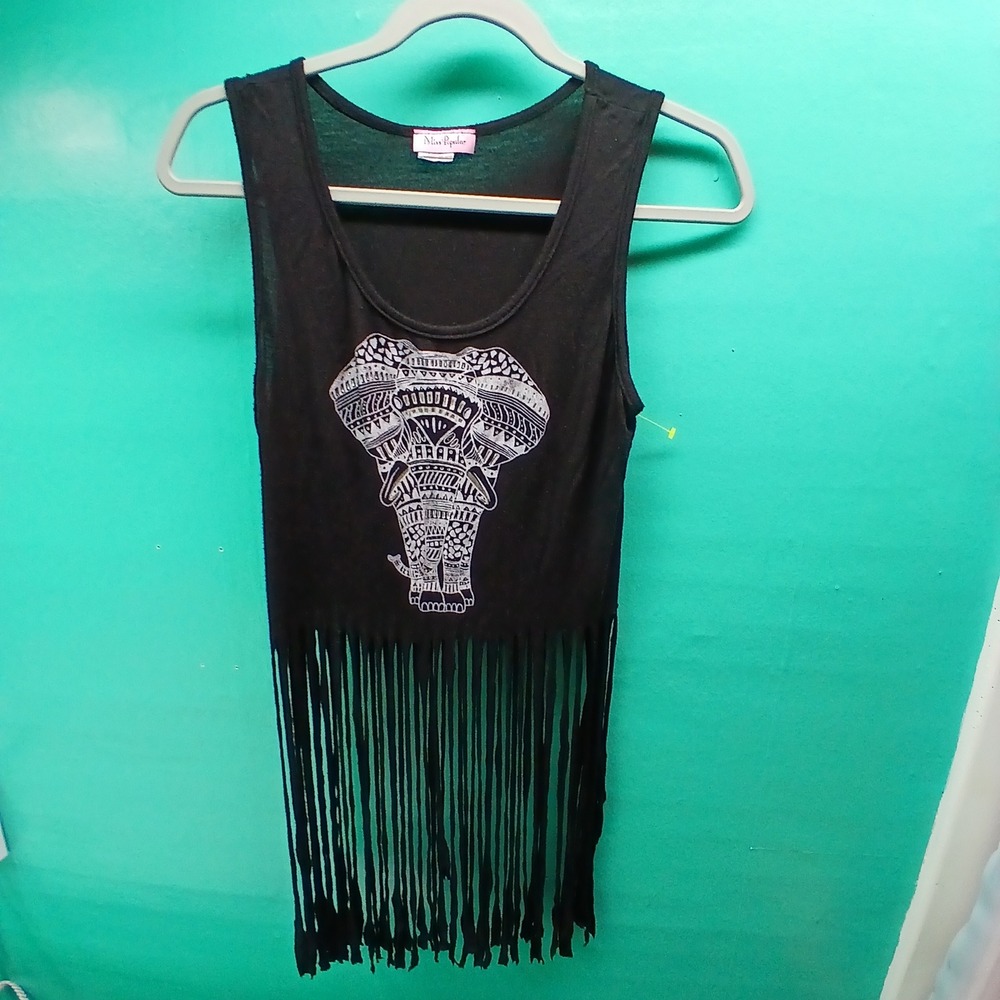 Miss Popular Elephant Fringe Tank Top‎ M Black Boho Festival Tassel Graphic